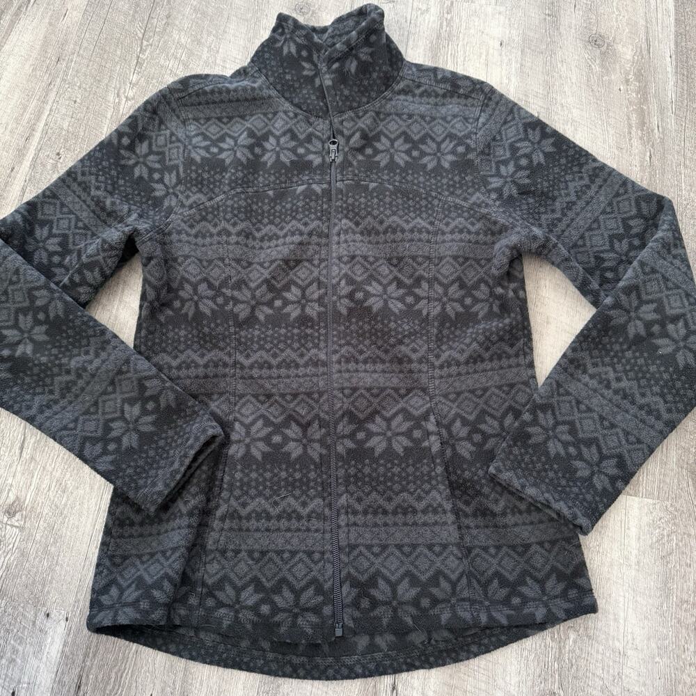 Old Navy Full Zip Fleece Jacket Womens Small Gray Black Fair Isle Pockets